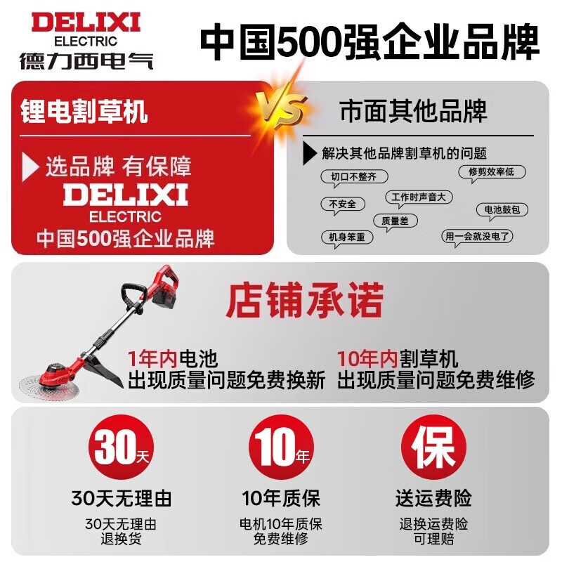 DELIXI ELECTRIC electric lawn mower, backpack lawn mower, household small lawn mower, rechargeable, high-power, agricultural, strong battery life, 10-inch brushless supreme model, 35A backpack lithium battery
