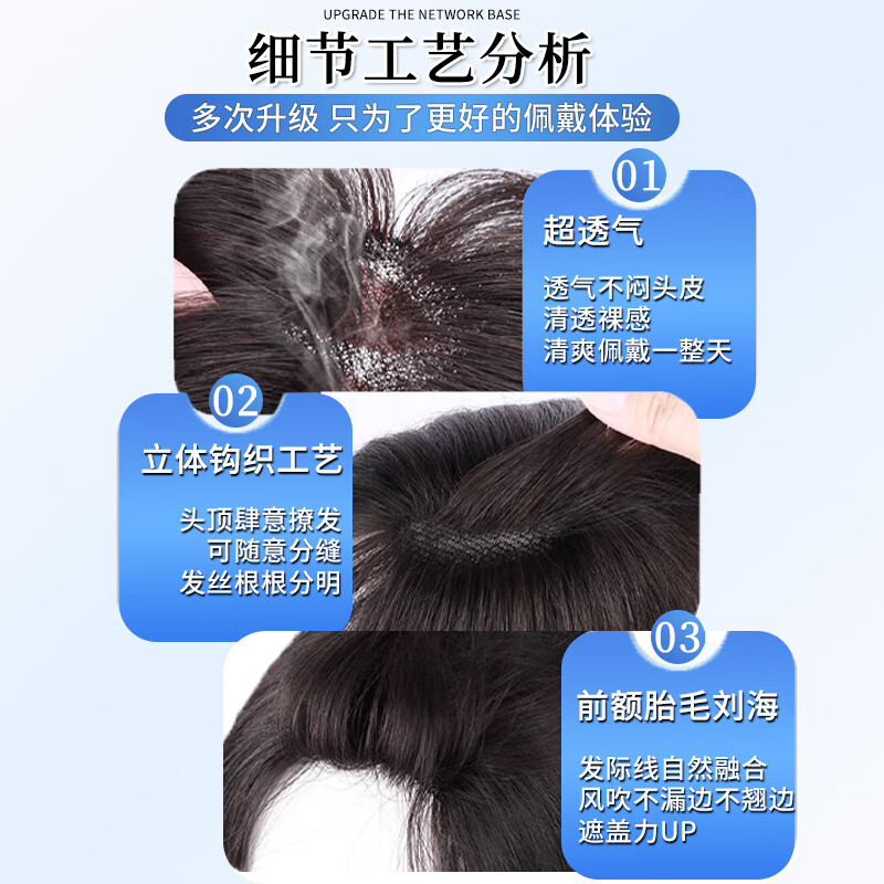 Sky Tree Cloud Gauze Wig Piece Women's Top Hair Replacement Piece Covers White Hair Real Human Hair Volume Increases Hair Volume Breathable and Natural Same Style in Live Broadcast Room - Eight Figure Style Natural Color 25cm