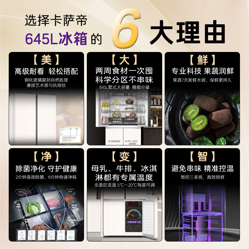 Casarte original stone 645-liter cross-door refrigerator three-system active sterilization first-level energy efficiency ultra-large capacity BCD-645WGCTDM7Y9U1 government subsidy 15%