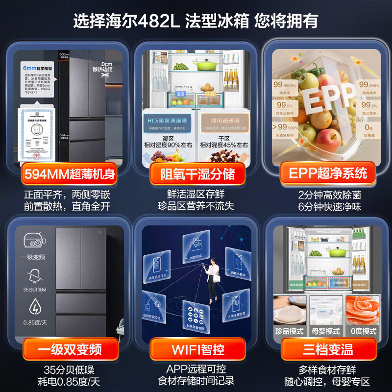 Haier government subsidy 15% Xiaohonghua 482L594mm ultra-thin zero-embedded French multi-door four-door EPP ultra-clean sterilization dry and wet storage first-level energy-efficient household refrigerator. Consult to receive subsidies BCD-482WGHFDB9SYU1