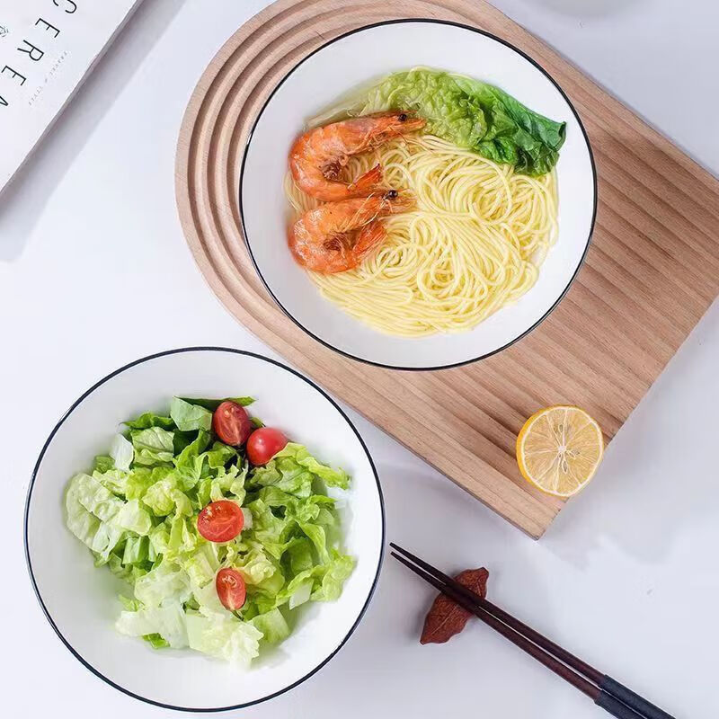 Simple and fashionable soup bowl household large bowl Japanese style large 8-inch vertical pattern bucket hat anti-scalding ceramic tableware instant noodle bowl pure white and black line 8-inch vertical pattern bucket hat bowl 4 pack