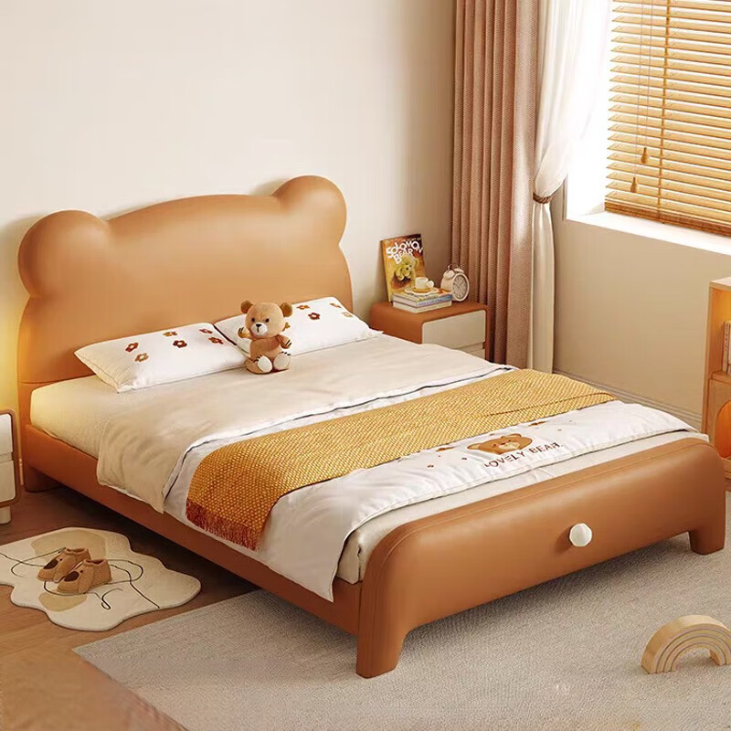 Cream style bear leather bed small apartment second bedroom single bed 1.5 meters children's bed boy girl princess bed new style bed + 20cm spring brown cushion free installation 1200mm*2000mm frame structure