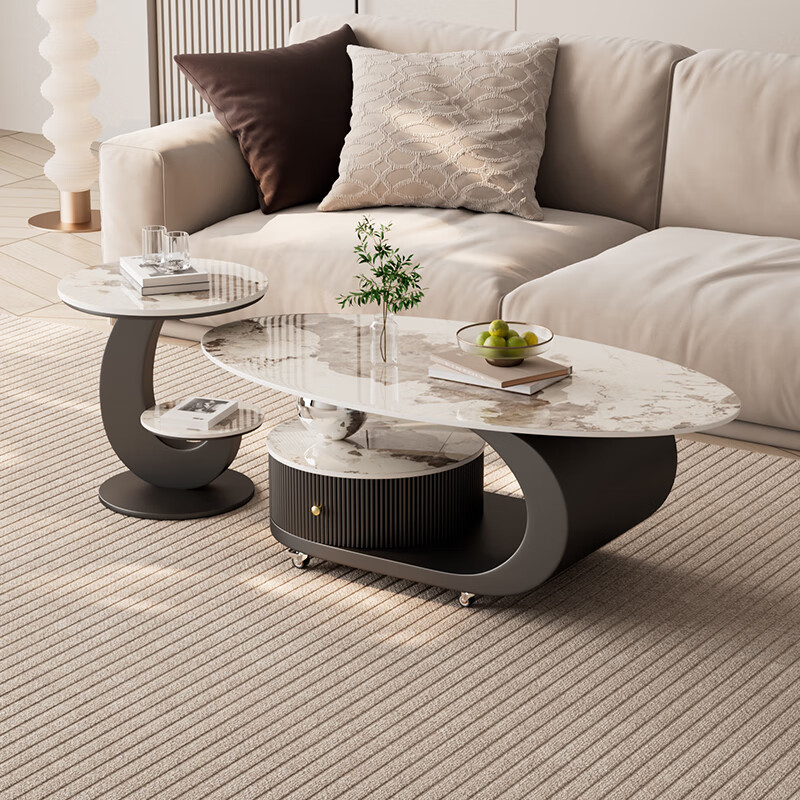 House style light luxury high-end living room household 2025 new movable slate small coffee table combination small apartment sofa side table black frame black cabinet + snow mountain white slate (combination) 100*55*45