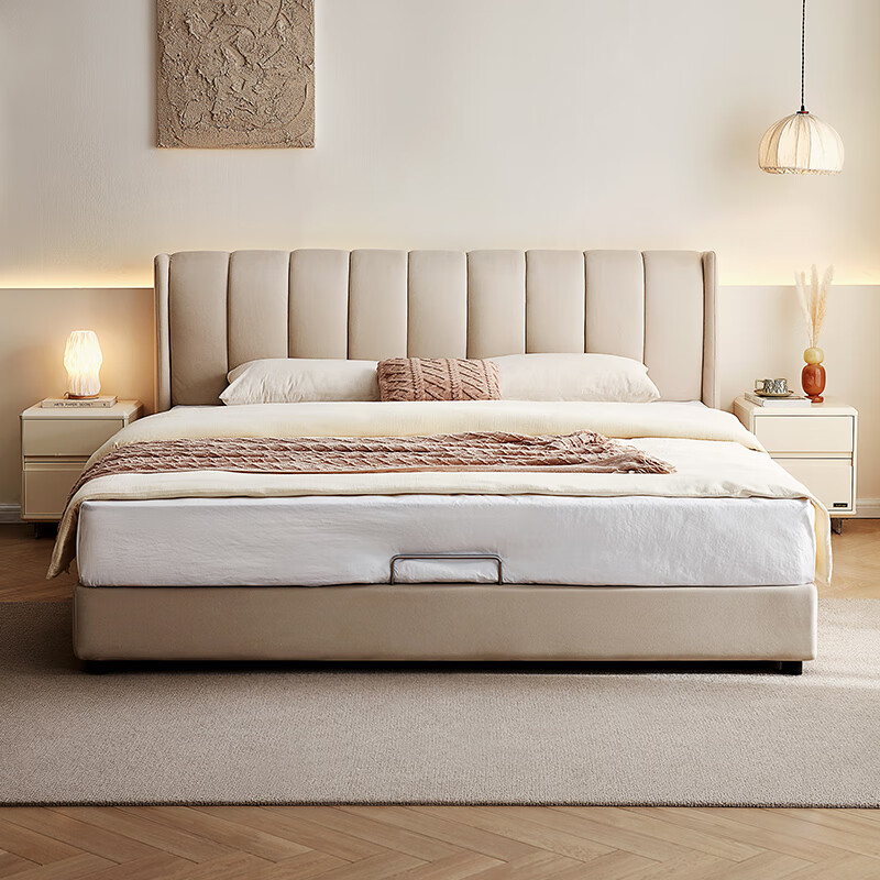 Quanyou Home Modern Simple Double Bed 1.8m x 2m Floor Bed Master Bedroom Furniture Technology Cloth Soft Covered Large Bed