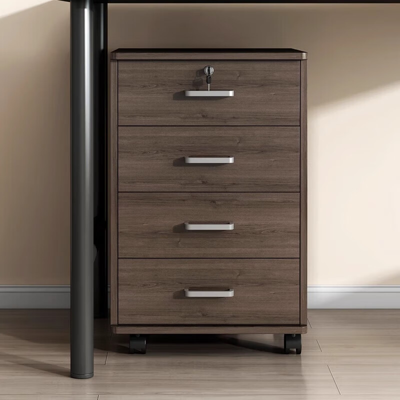 File cabinet, office cabinet with lock, mobile storage cabinet, drawer cabinet with wheels, under-desk storage cabinet, low cabinet, small side cabinet, three drawers and one door | Pastoral oak color + warm white 60cm