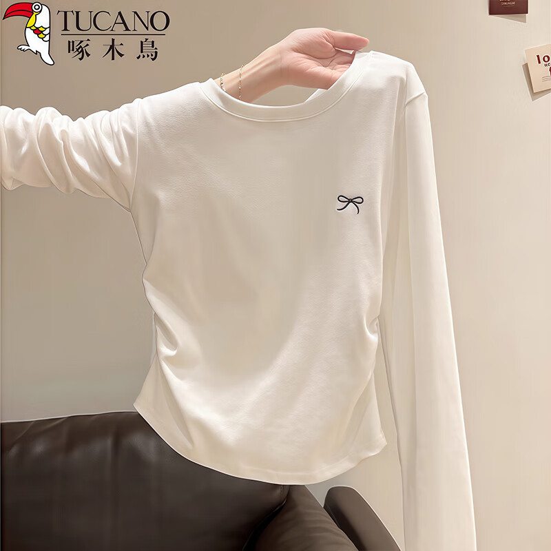 Woodpecker Right Shoulder Long Sleeve T-Shirt Women's Round Neck Bow Embroidery Autumn New Pleated Waist Bottoming Top White M