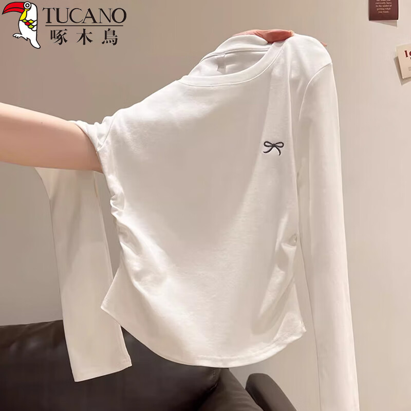 Woodpecker Right Shoulder Long Sleeve T-Shirt Women's Round Neck Bow Embroidery Autumn New Pleated Waist Bottoming Top White M