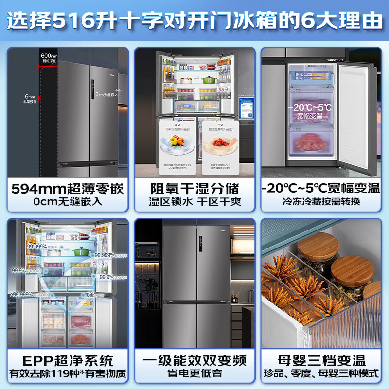 Haier refrigerator 516 liter cross-door T-shaped four-door ultra-thin zero-embedded first-class energy efficiency dry and wet separate storage and sterilization household large-capacity refrigerator with 15% national subsidy Boca Gray + 594mm professional ultra-thin zero-embedded + three-speed temperature change for mother and baby
