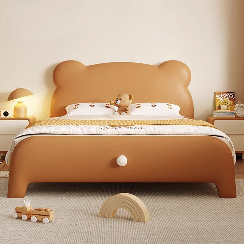 Cream style bear leather bed small apartment second bedroom single bed 1.5 meters children's bed boy girl princess bed new style bed + 20cm spring brown cushion free installation 1200mm*2000mm frame structure