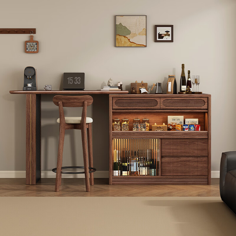 Muyuke antique solid wood bar cabinet retractable island black walnut living room home small apartment bar table sideboard bar cabinet + retractable table + storage cabinet + bar chair