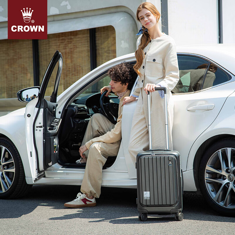 CROWN Trolley Case Zipper Aluminum Frame Suitcase Universal Wheel Front Opening Cover Side Opening Suitcase Travel Case 5278 Iron Gray Zipper 25 inches Need to be checked in