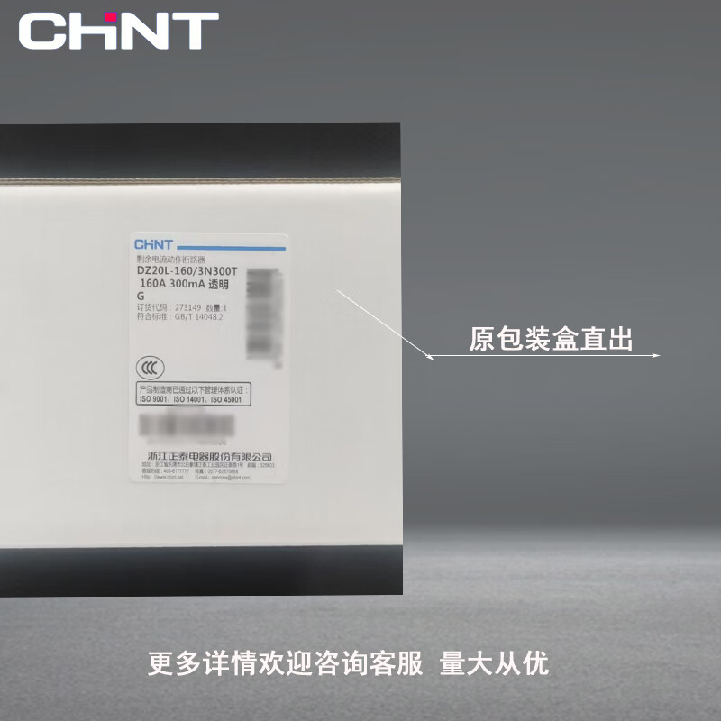 Chint transparent plastic case leakage circuit breaker DZ20L-160/3N300 160A 300MA 0.1S leakage protection 0.3