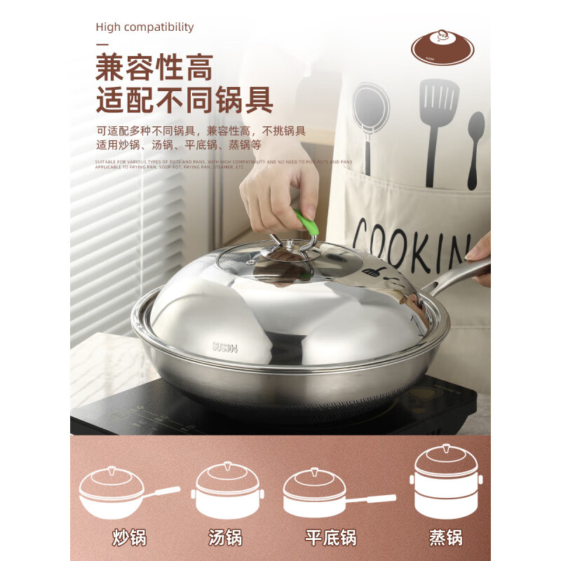 MZXM imported quality 304 stainless steel pot lid from Japan, household wok universal lid, thickened stir-fry iron pot, round shape, 40 cm, small golden bear handle, pure 04 material