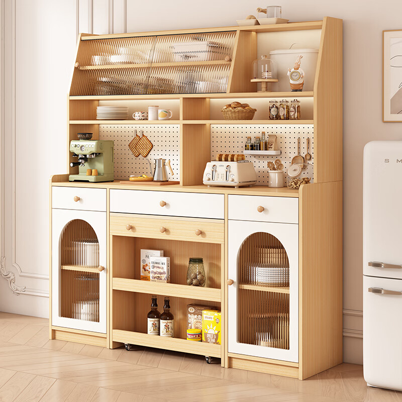 Maixiu solid wood sideboard and dining table integrated retractable and foldable small apartment living room home wall wine cabinet storage rack solid wood sideboard 120CM + retractable dining table-log cream color