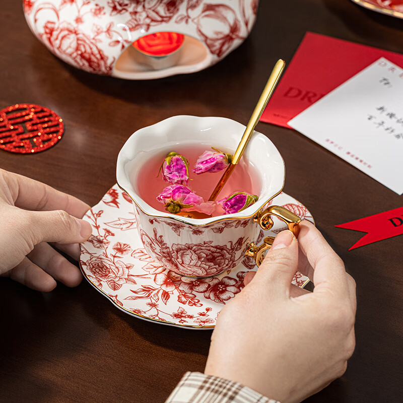 Dream Diary Real Bone China Rose Xinyi Engagement Wedding Gift for the Bride to Wedding Best Friend Flower Teapot Four Cups Haute Couture Gift Box-Rose Xinyi Pair of Cups