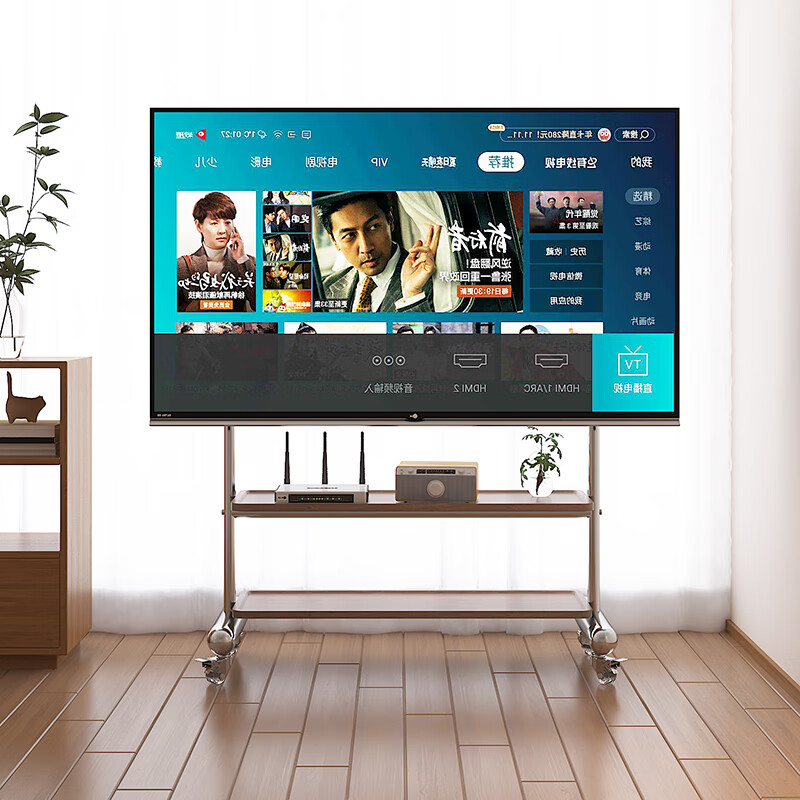 Medieval style TV stand floor-standing movable with wheels living room bedroom simple hanging rack 32-70 inches for home use H double layer stainless steel + perforated plate/crystal wheel