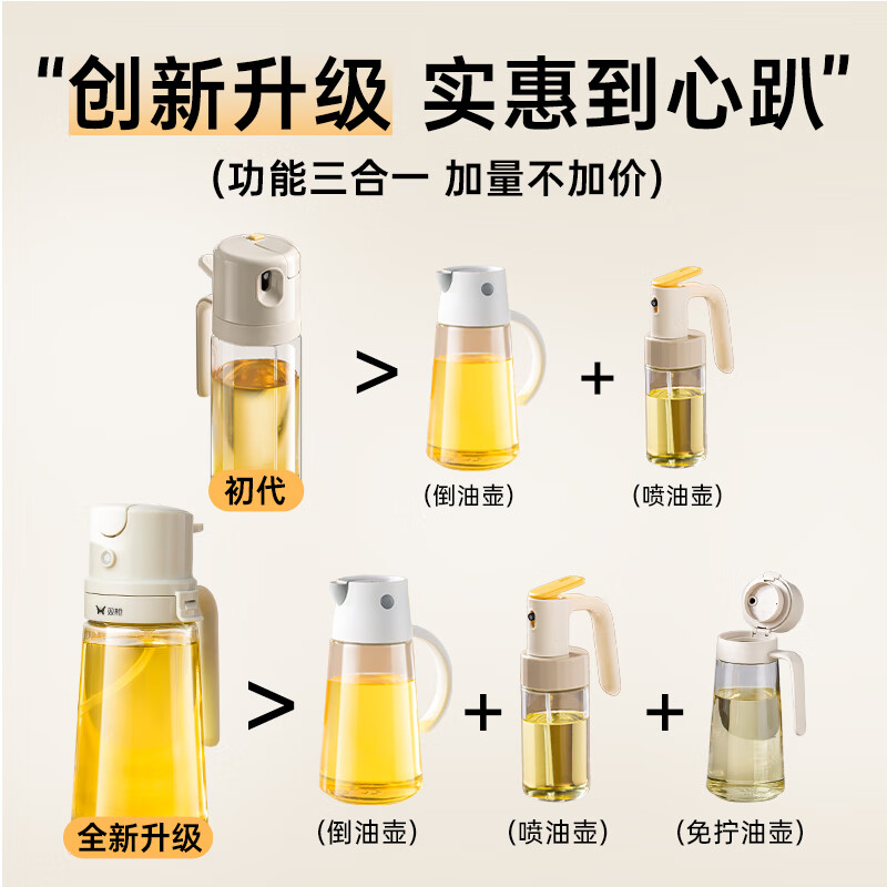 Double gun spray and pour dual-purpose oil bottle household kitchen glass food grade soy sauce vinegar seasoning bottle atomized oil spray bottle oil bottle multifunctional three-in-one ivory white 470ml