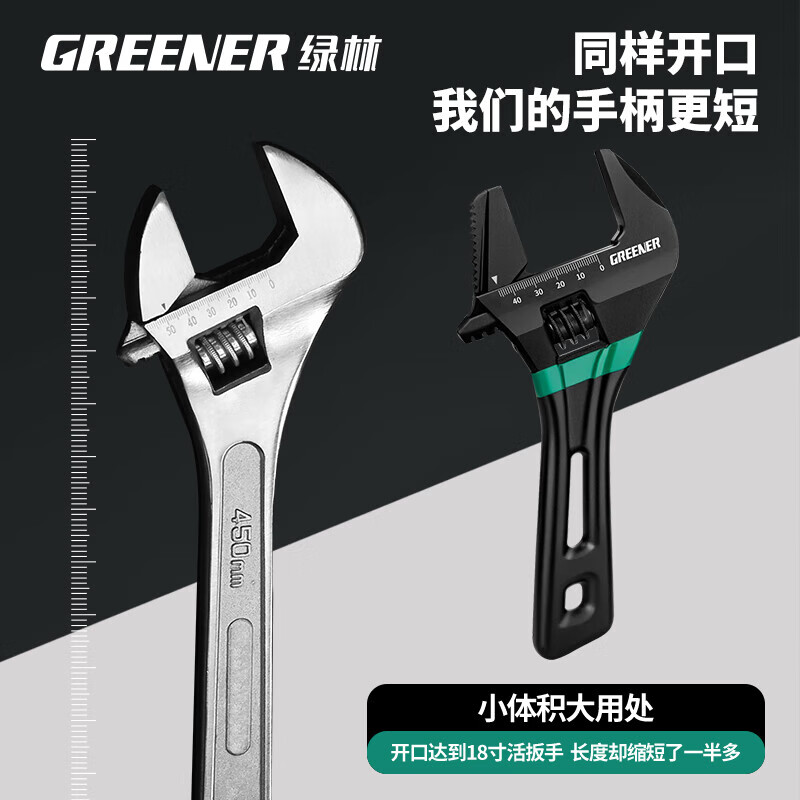 GREENER large-opening adjustable wrench household short-handled live wrench small space bathroom special black with teeth 8 inches