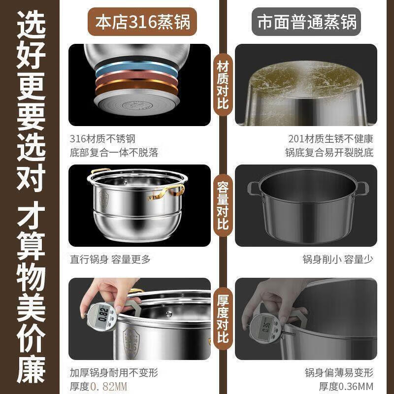 Ten Billion Bear 316 stainless steel steamer multi-layer steaming and stew household multi-layer large-capacity cooking pot induction cooker gas stove special upgrade 304 steaming sheet three-layer steamer 28cm