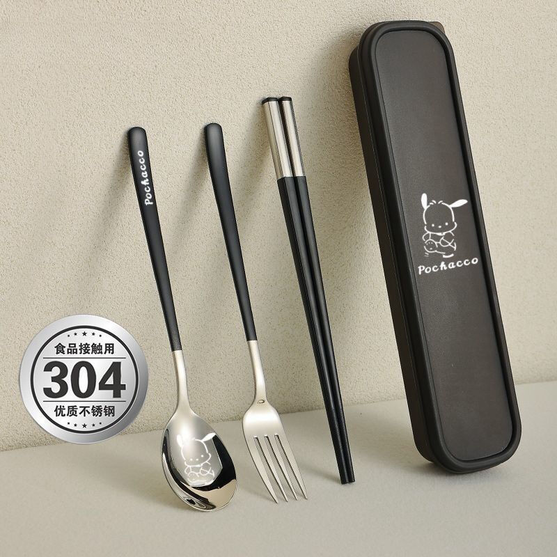 Qinkai stainless steel spoon, chopsticks and fork set to store portable tableware three-piece set for students' homes European black Pacha dog spoon + chopsticks + storage box 3-piece set