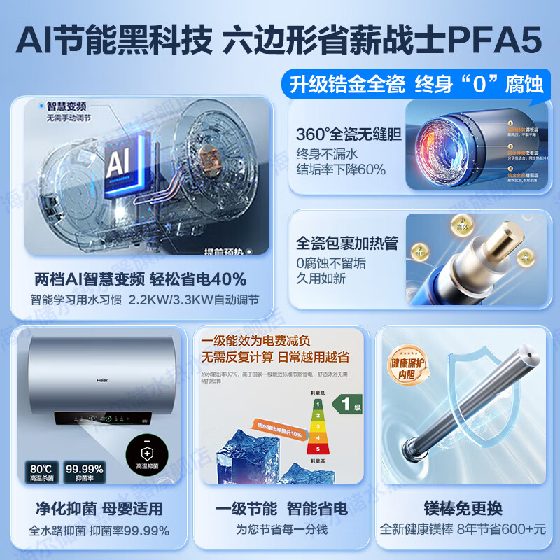 Haier (Haier) national subsidy 20% electric water heater 3300W variable frequency fast heating, clean fresh water without dirt, no need to replace the magnesium rod in the inner tank, first-class energy efficiency, seamless tank water storage type 60L 3300W PFA5/AI smart frequency conversion/power saving king