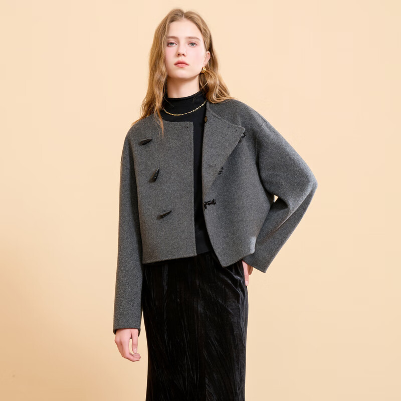 Tricolor 100 sheep wool 2025 winter new style double-sided woolen coat short horn buckle disc buckle M