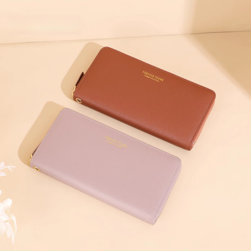 Casa-kups long women's hand wallet card bag zipper wallet new white simple fashion solid color multi-card slot versatile pink dark pink