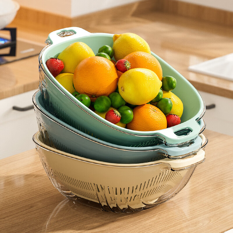 Qinkai living room large double-layer plastic sink drain basket vegetable basket kitchen storage basket shopping basket household fruit basin 281 large transparent blue single pack