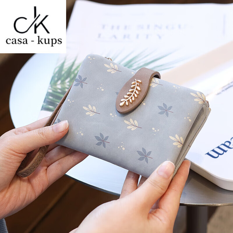 Casa-kupsCK Korean style small fresh leaf print short women's wallet hand strap niche design multi-card slot student coin purse pink