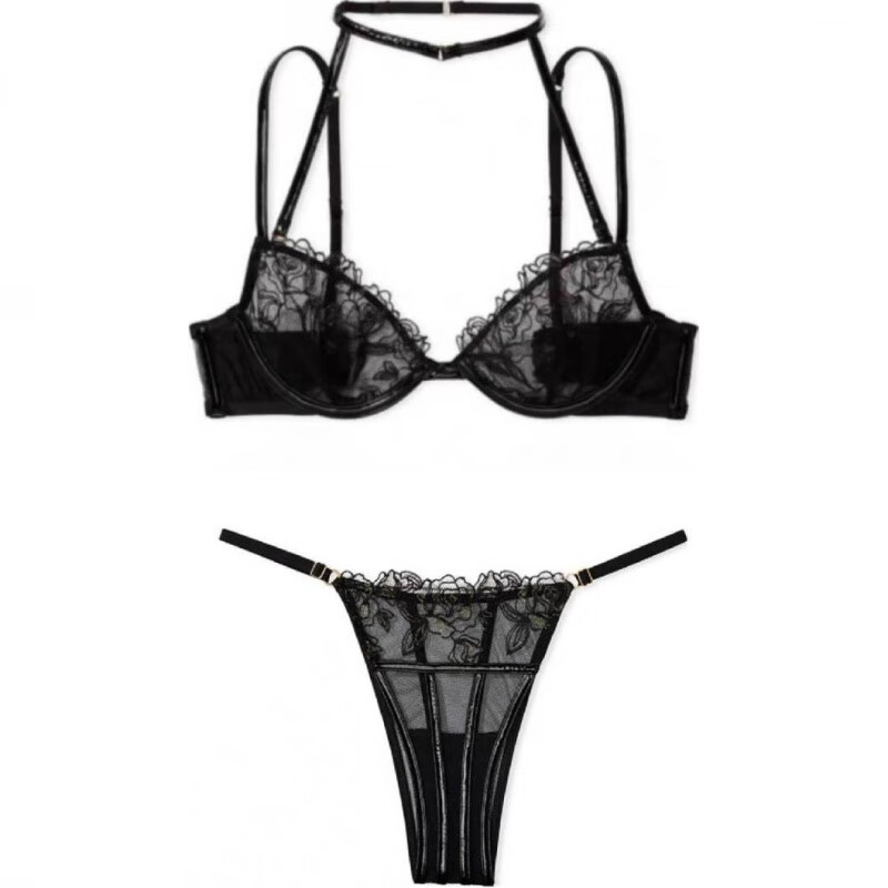 Victoria's Secret Victoria's Secret Embroidered Rose Patent Leather Soft Ultra-Thin Halter Neck Bra Underwear Set Women's Black Accessories Suit (Black) S 32C+ (70C+S) Suit (Black)