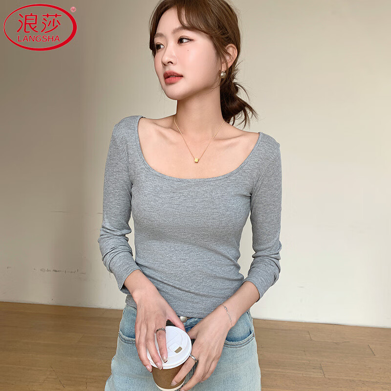 Langsha threaded bottoming shirt for women autumn 2025 new large U-neck long-sleeved T-shirt simple and versatile slim fit top
