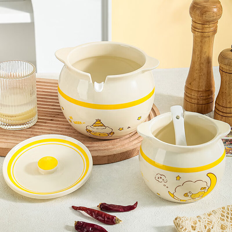 New thickened lard jar large capacity household ceramic with lid high temperature resistant food grade kitchen salt shaker seasoning jar cream puppy large size about 1400ML+lid+spoon