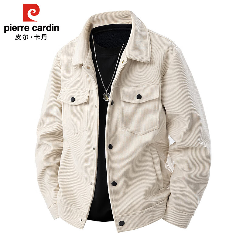 Pierre Cardin work jacket men's autumn and winter trendy casual lapel thickened corduroy jacket men's clothing beige XL