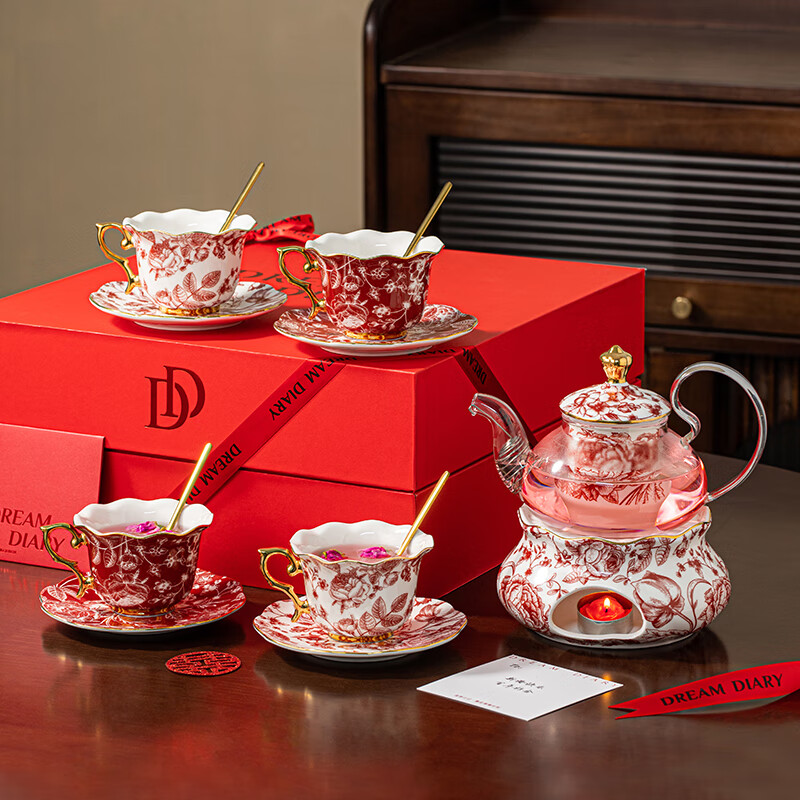 Dream Diary Real Bone China Rose Xinyi Engagement Wedding Gift for the Bride to Wedding Best Friend Flower Teapot Four Cups Haute Couture Gift Box-Rose Xinyi Pair of Cups