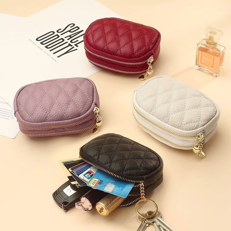 Good and cute 2024 new double-layer zipper bag genuine card bag mini small wallet key bag coin bag clutch bag coin purse black small card bag ordinary style-no protection function