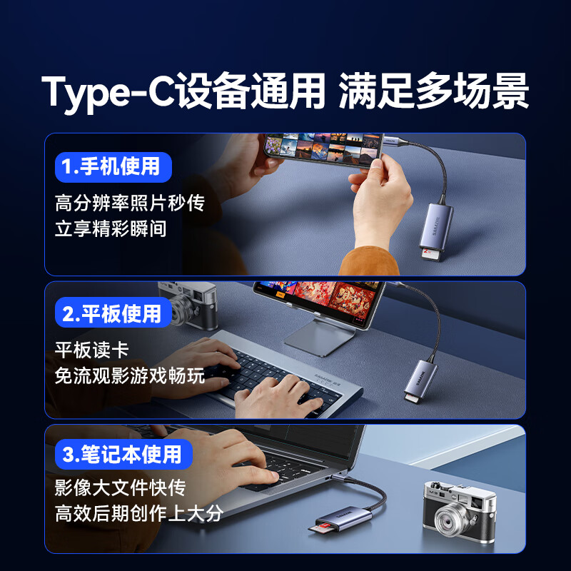 Shanze Type-C3.0 card reader SD/TF dual card reading, suitable for Apple 17//15/16/camera/USB-C computer tablet phone, compatible with UHS-I/II card CRM32