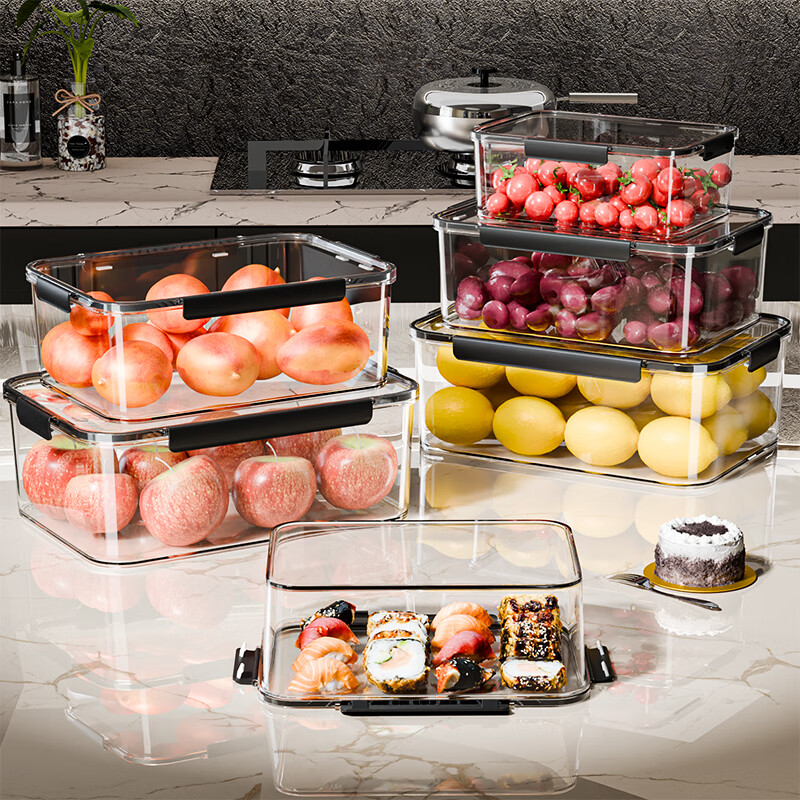 Straw Bear Kitchen Crisper Food Grade Refrigerator Storage Box Transparent Sealed Box Frozen Food Fruit Large Capacity Storage Box Gun Gray Black I Large 2900ML Sealed Crisper Box