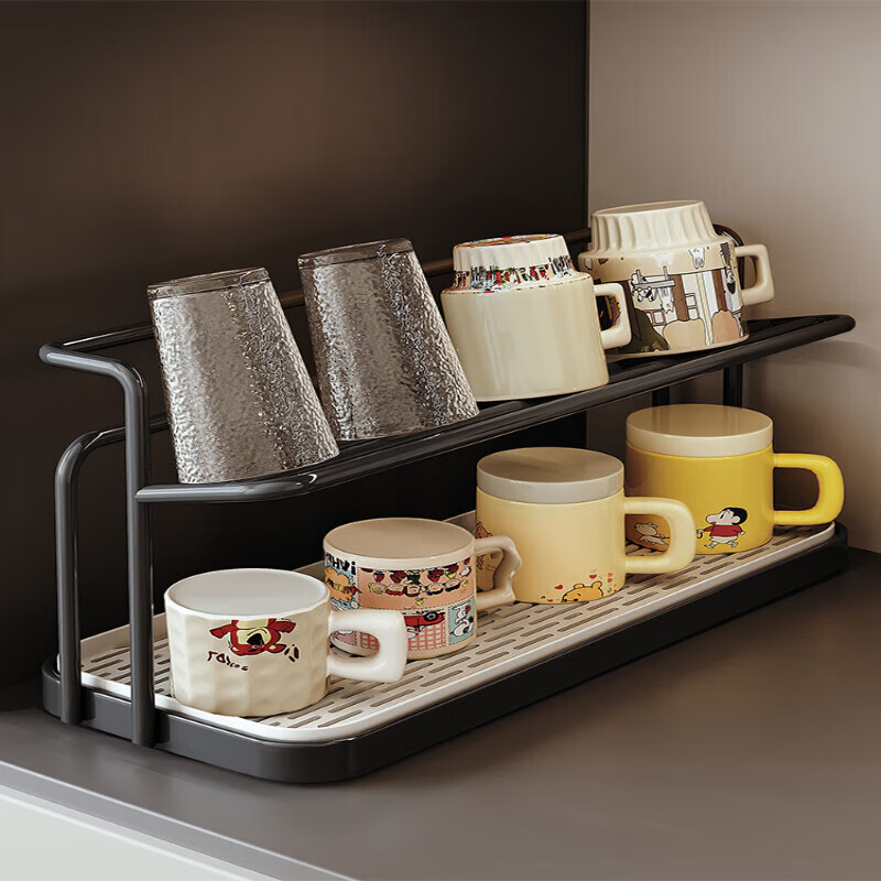Erxu double-layer cup holder cup drain rack dining table countertop water cup tea cup coffee cup storage rack sideboard storage rack black double-layer drain cup holder shipped in one package