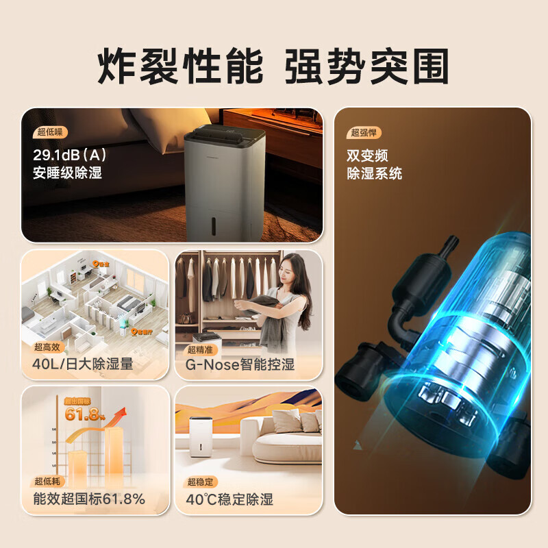 Gree dehumidifier household light dehumidification capacity 40L/day dual-core variable frequency energy-saving dehumidifier clothes dryer back to Nantian basement moisture absorber mobile phone intelligent control 40L/day DH40FPA1A dual frequency conversion