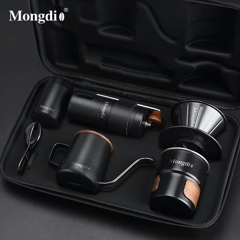 Mongdio hand-brewed coffee pot set outdoor travel camping coffee equipment portable coffee machine gift box Obsidian black-outdoor portable hand-brewed coffee set