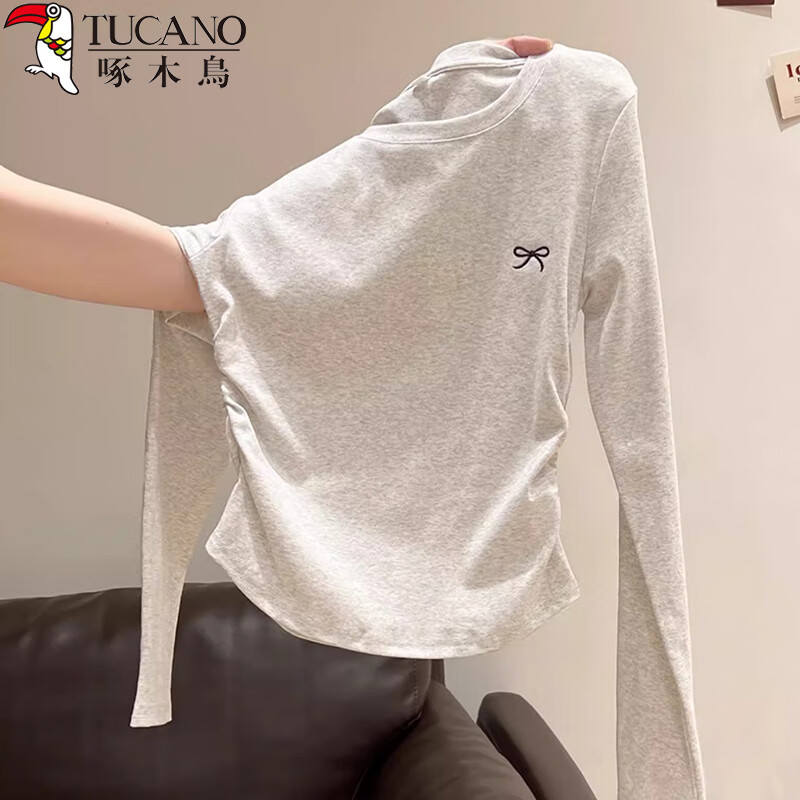 Woodpecker Right Shoulder Long Sleeve T-Shirt Women's Round Neck Bow Embroidery Autumn New Pleated Waist Bottoming Top White M