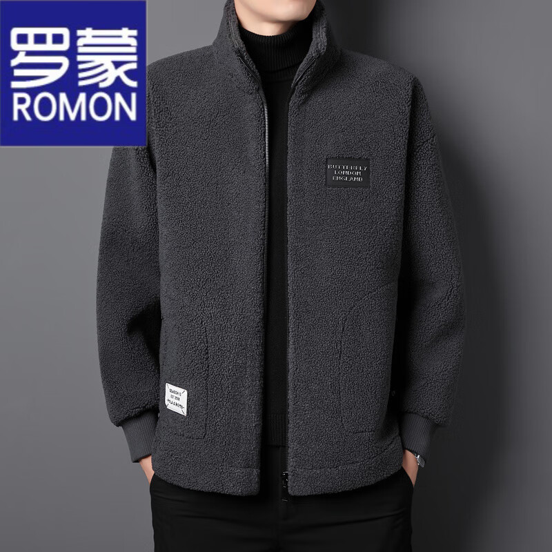 ROMON brand autumn and winter new thickened lamb velvet jacket men's trendy fat man large size warm polar fleece stand collar jacket for men dark gray with letters on the back 2XL 150-170 catties