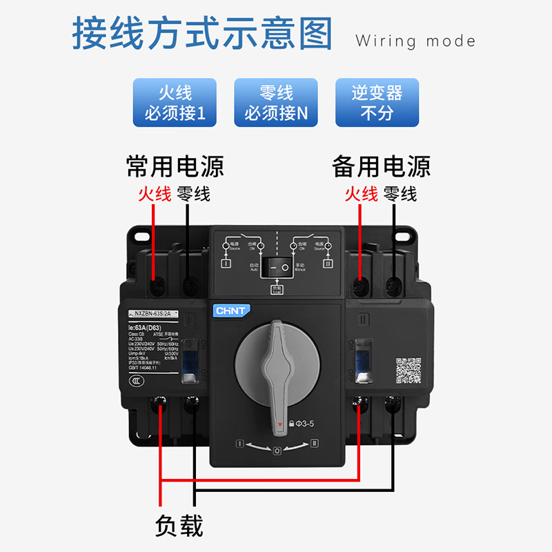 Chint (CHNT) dual power automatic transfer switch NXZBN series PC level manual switching overload protection NXZHBN-125/2A-125
