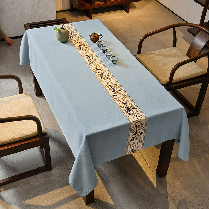 Fantasy tea table fabric long tea tablecloth dining table waterproof Zen style washable and stain-resistant rectangular conference table lace style-Brusto blue 1 piece Tablecloth size--130200