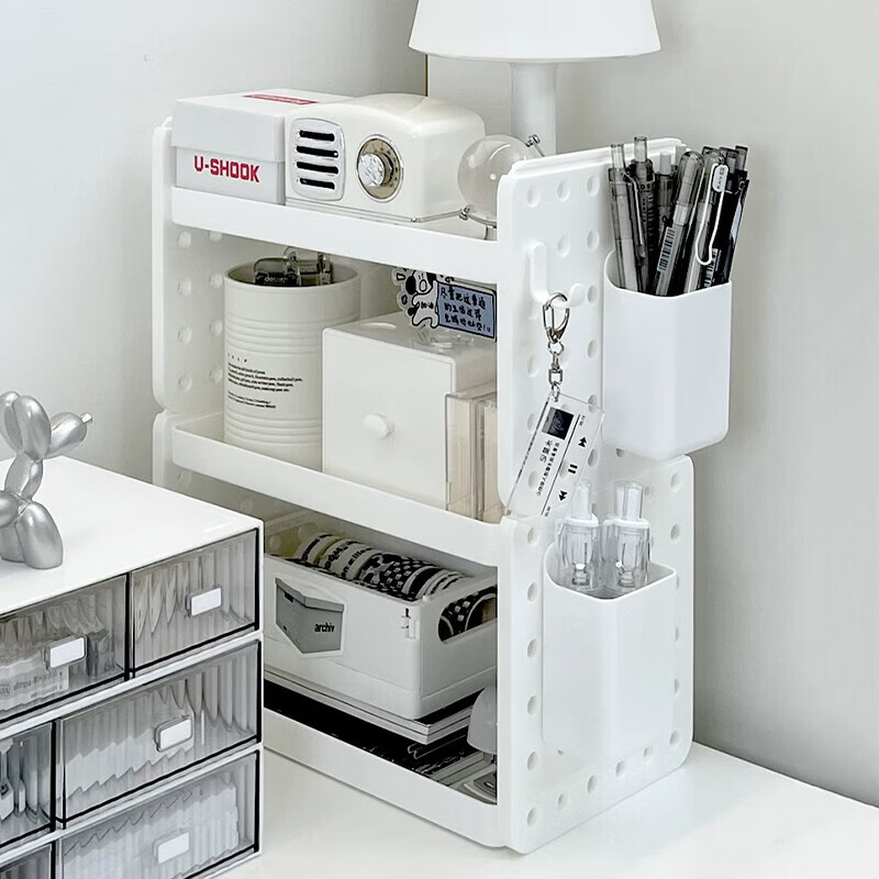 Weici desktop storage rack desk bookshelf storage rack office student dormitory bookshelf double-layer storage hole board with hook storage rack off-white 2 layers (1 bucket + 3 hooks + 1 sticker)