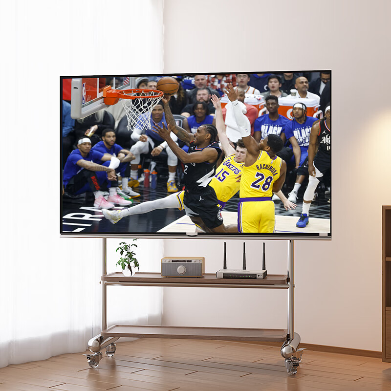 Medieval style TV stand floor-standing movable with wheels living room bedroom simple hanging rack 32-70 inches for home use H double layer stainless steel + perforated plate/crystal wheel