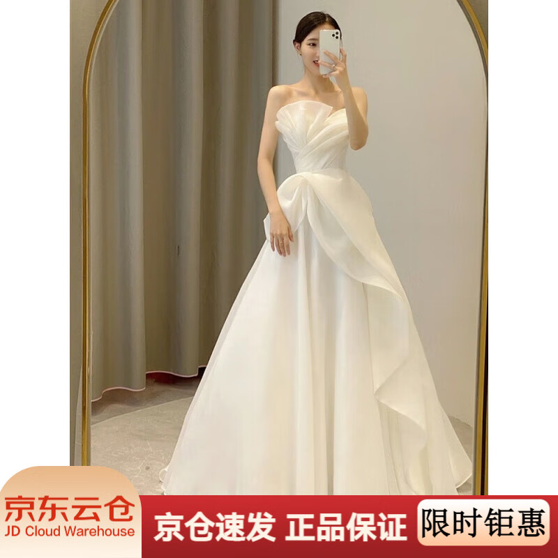 New light wedding dress 2025 bride petite slim satin dress French tube top simple travel photo door veil floor-length style (shape veil gloves) M