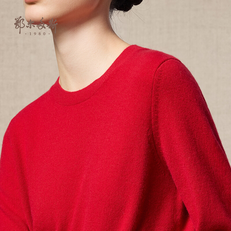 Ordos 1980 Autumn and Winter Cashmere Round Neck Women's Simple Inner Slim Fit Women's Solid Color Cashmere Sweater Chinese Red-25 L 165/88A