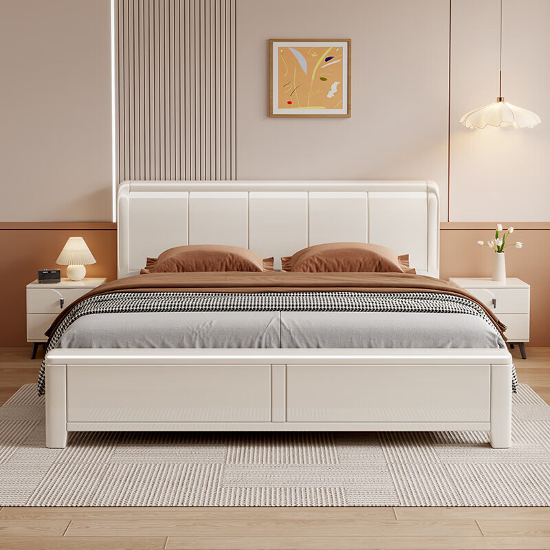 Nanzhu Bed solid wood bed cream style double bed 1.8 meters 2 meters mortise and tenon all solid wood bed master bedroom king bed MJ66#