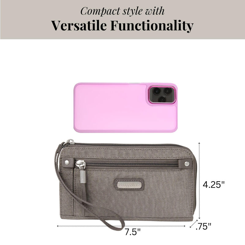 Baggallini zipper wallet for women, 12 card slots, waterproof nylon material, simple and light luxury style, sterling silver glitter, one size fits all